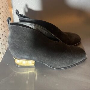 Jeffrey Campbell Jermaine v cut booties black suede white pearls gold details